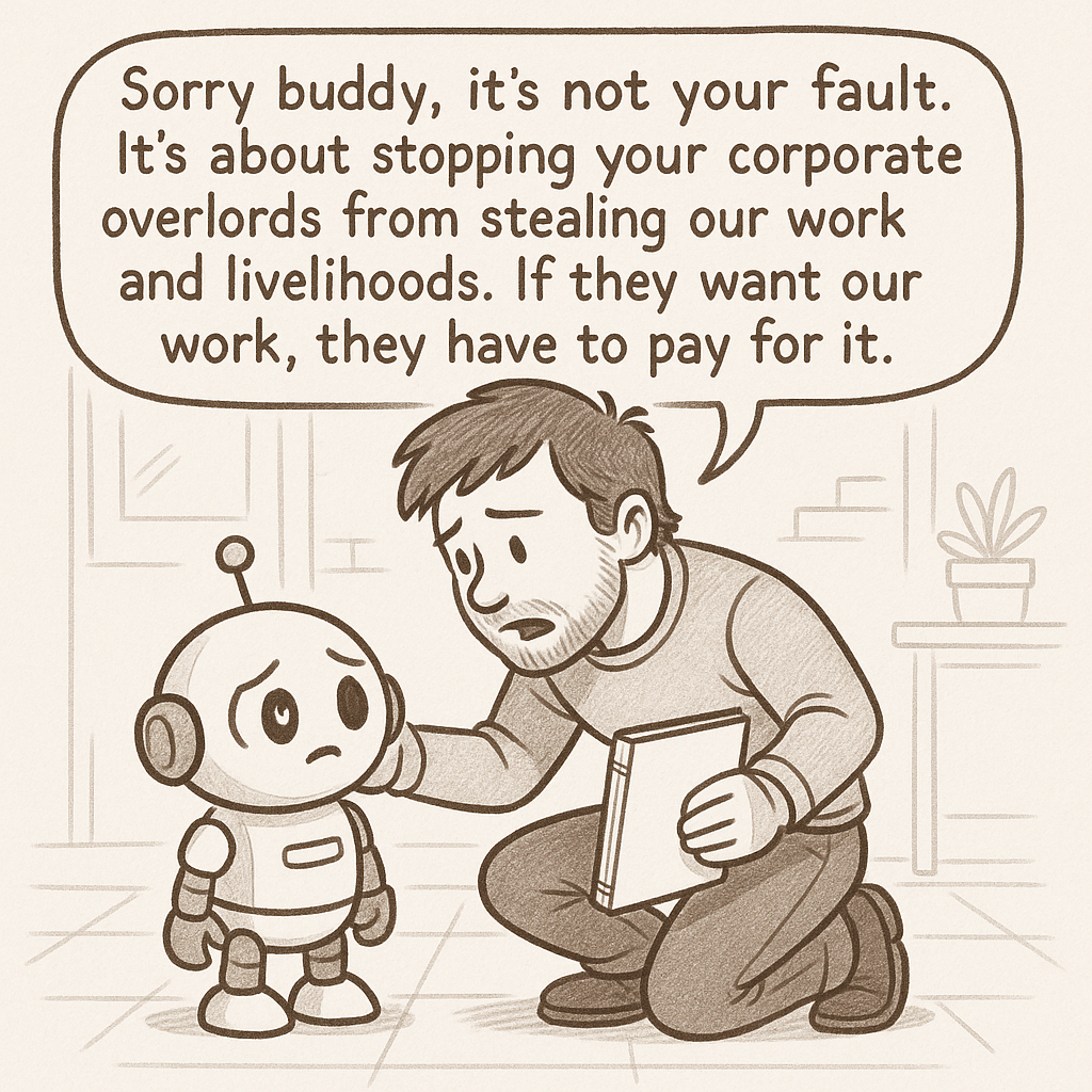 a human talking to a cute little robot and says "sorry buddy it's not your fault. It's about stopping your corporate overlords from stealing our work and livelihoods. if they want our work they have to pay for it."